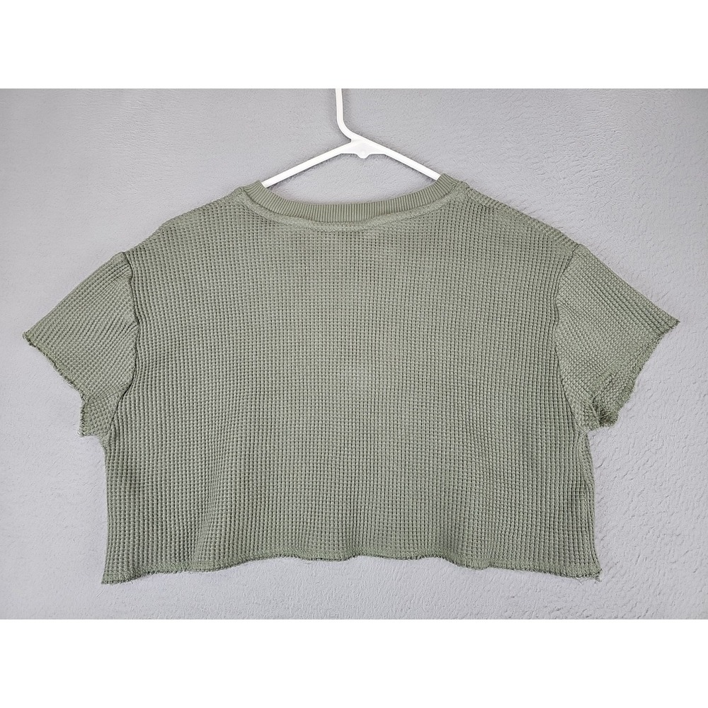 ZARA Short Sleeve Waffle Kit Crop Top Size Large Green Henley Crew Neck Stretch - Picture 6 of 7